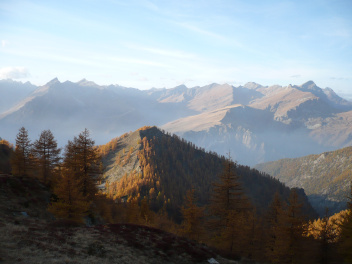 Mont Gros avec massif Culour en arrière-plan, mélèzes aux couleurs d’automne